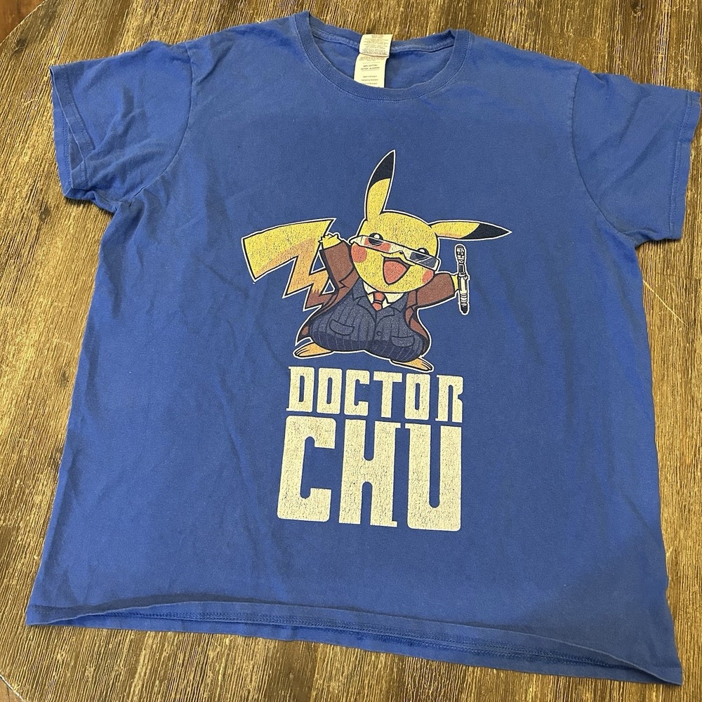 Doctor Chu Pikachu Doctor Who Parody T-Shirt Women's Large Blue Pokemon Gildan